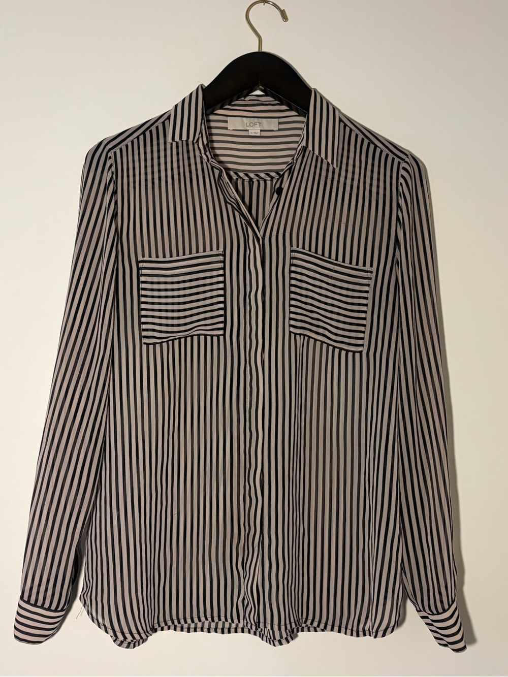 LOFT Black and White Vertical Stripe Button-Up Shirt